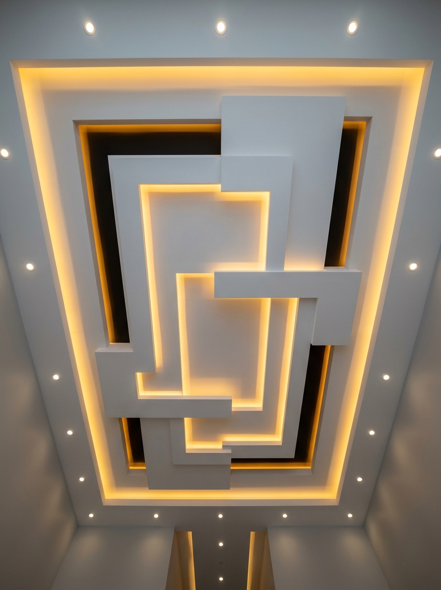 Modern geometric gypsum tray ceiling with warm cove lighting in a Nairobi apartment