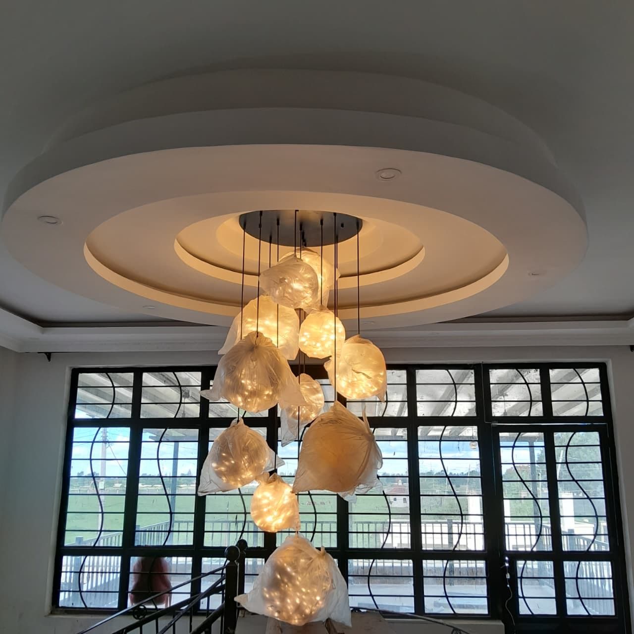 Geometric Linear LED Gypsum Ceiling with Classic Brass Chandelier, Nairobi, Kenya